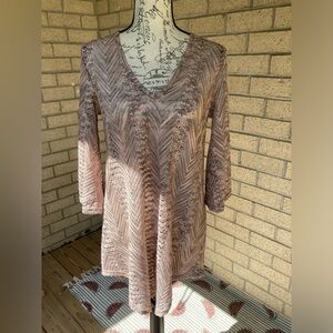 Elif Open Knit V Neck Shiny Metallic Pink Grey Swim Cover Up Tunic Bell Sleeves